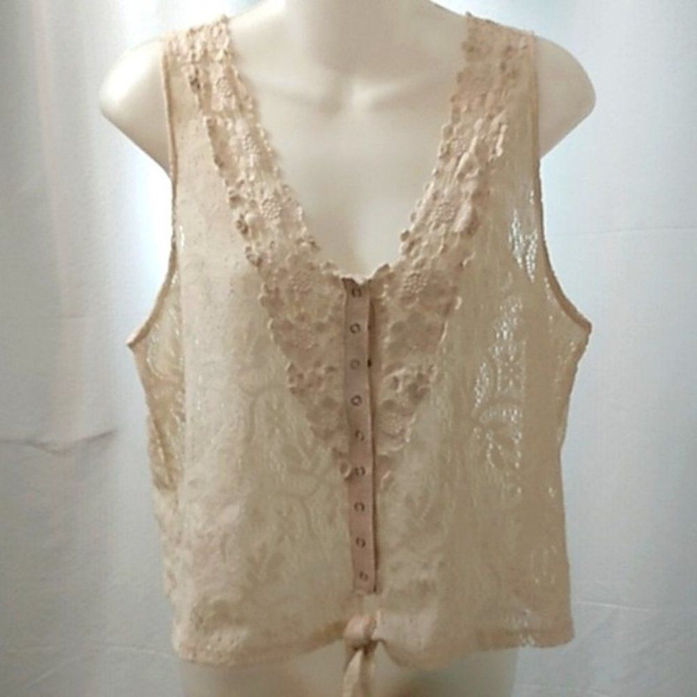 Crystal K Cream Floral Lace Tie Front Sleeveless Top